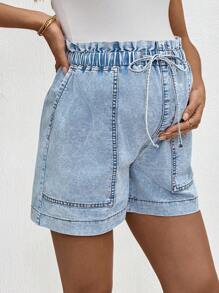 SHEIN 孕妇宽松蓝色牛仔短裤、夏季海滩度假、适合日常约会、夜间外出、夜总会、派对、聚会、泳池派对、返校季服装、返校季服装、节日女装、音乐节服装、乡村音乐节服装、音乐会服装、母亲节/妈妈/母亲/妈妈/母亲节/妈妈/妈妈/母亲节礼物 - 藍色 - 查看 6