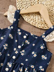 SHEIN Vintaside Kids 2 件套年轻女孩碎花盖袖上衣和阔腿裤夏季套装