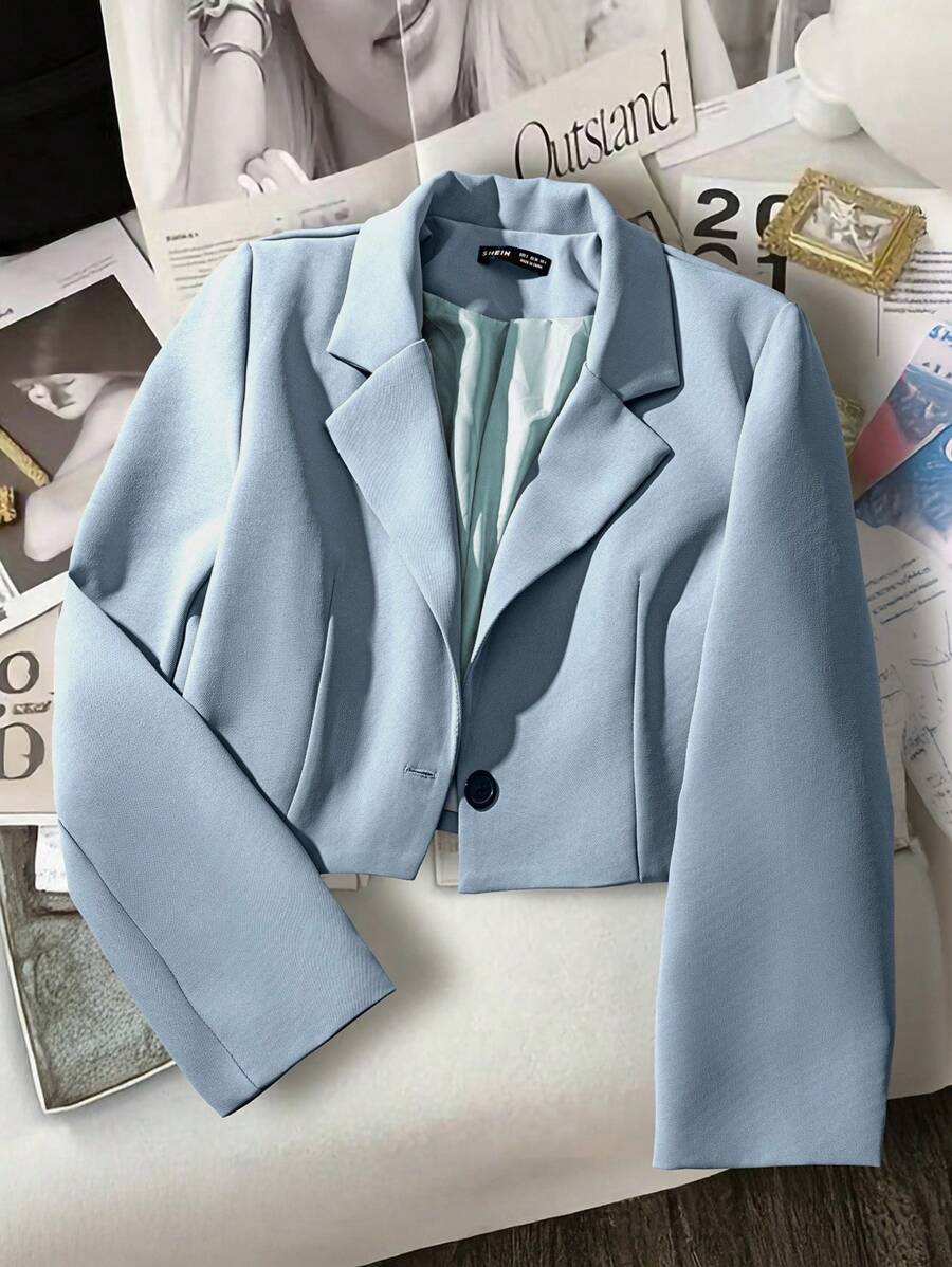 Franclia Áo khoác Blazer nữ màu trơn ngắn, đi làm thường ngày - Màu xanh lam - Xem 1