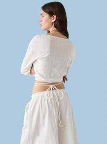COUREZ Pointelle Long Sleeve V Neck White Wrapping Top Y2K Vintage 100%Cotton
