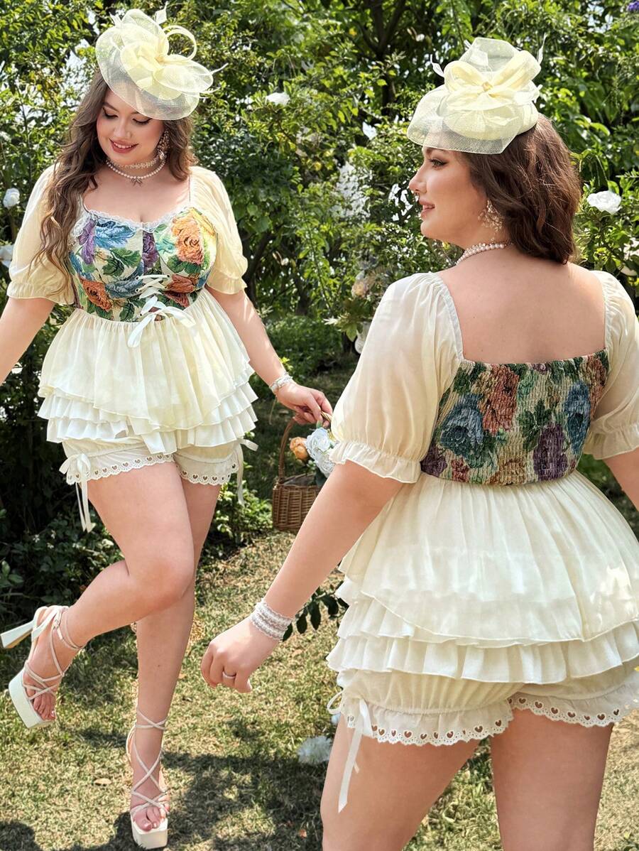 Flirla Plus Size Women Summer Casual Eyelet Front Tie Short Sleeve Shirt - Multicolor - View 1