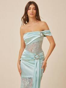 L'Amorae Elegant One Shoulder Ornament Lace Wedding Guest Bodysuit - Green - View 4