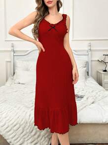 Women's Knitted Texture Bow Trim Pleated Hem Loose Spaghetti Strap Casual Nightgown Babydoll Bowknot - Red - View 6