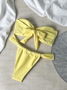 Swim Mod Spring Break Women's Solid Color Metal Decor Bandeau Bikini Top And Thong Bottoms Sexy Swimsuit Set For Summer - Yellow - View 2