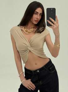 Aloruh Camiseta de mujer de cuello en V con manga retorcida para oficina y uso diario, nueva llegada de primavera/verano - Caqui - Ver 5