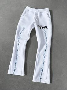 Manfinity EMRG Men's Street-Style Athletic Sweatpants With An INS-Inspired, High-Street Chain Digital Print Design And A Slightly Flared Cut In White-Perfect For Weekend Getaways In Boston, Music Festivals, And Hawaiian Beach Vacations, As Well As Everyday Casual Wear. They Also Make Great Gifts For Boyfriends Or Husbands, Fitting Into Streetwear, Y2K, Hip-Hop Rock, And Basketball Fashion, Ideal For Gifting To Friends, Husbands, Or Boyfriends. Men Joggers ,Men's Boston Weekend Casual White Sweatpants , Y2k Clothes Men , Men Graphic Pants , - White - View 1