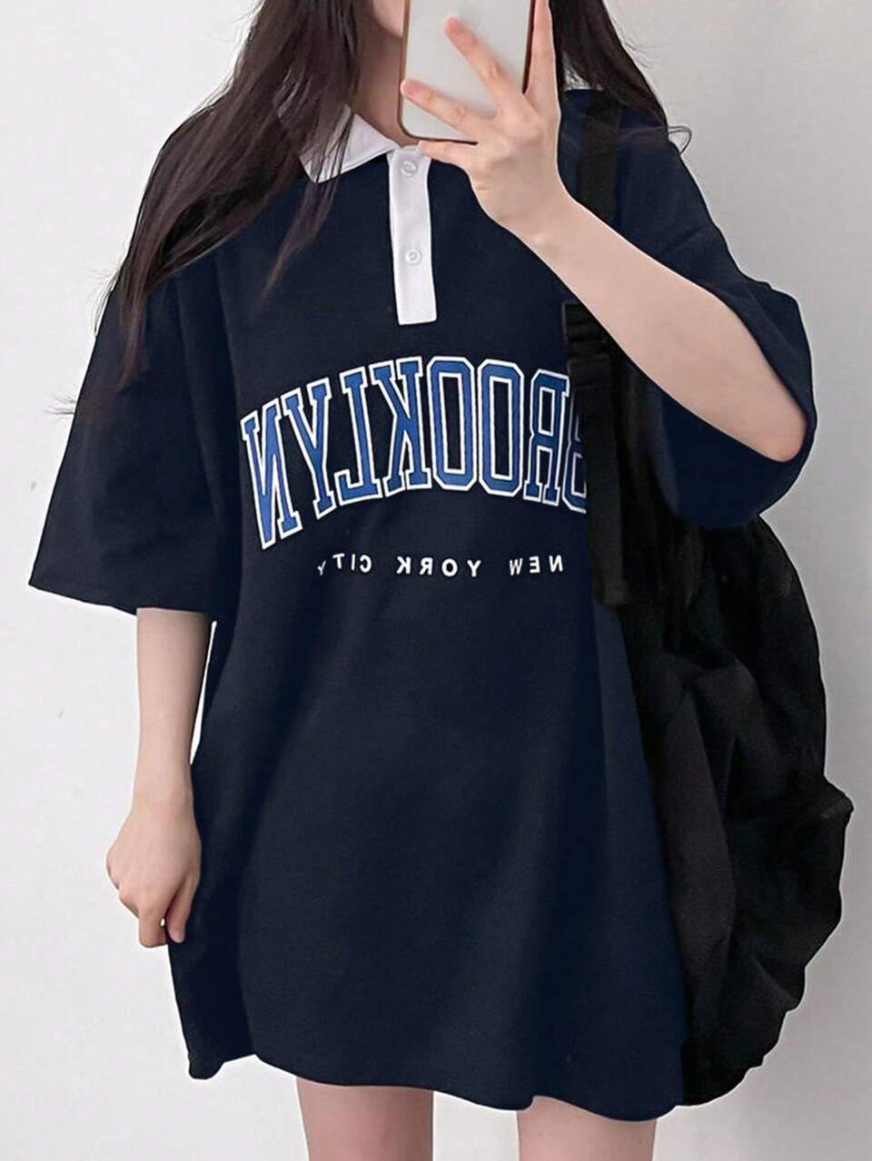 Women's Summer Casual Loose Fit Color Block Collared T-Shirt With Letter Print And Patchwork