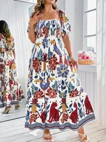 KURAYIA Plus Size Women's Floral Print Elegant Puff Sleeve Square Neck Shirred Waist Maxi Beach Holiday White Summer Boho Party Dress,Holiday - Multicolor - View 3