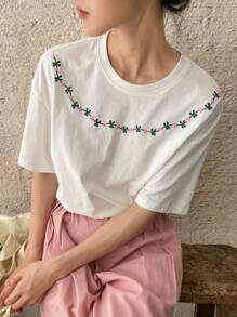 FRIFUL Floral Embroidery Drop Shoulder Tee - White - View 9