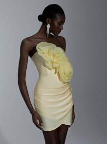 Elitara Elegant, Romantic, Sexy Yellow Knitted Stretchy Fabric Dress With 3D Organza Flowers, Ruching, Waist Cinching, Bodycon Fit, Suitable For Birthday Parties, Weddings, Cocktail Events,Graduation,Graduation Dresses For Women,Back To School Dress - Yellow - View 7