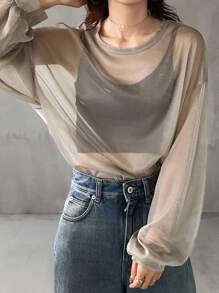 FRIFUL Women's Green Sheer Long Sleeve Top, Round Neck Summer Apparel - Green - View 4