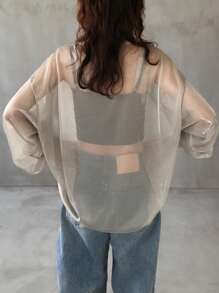 FRIFUL Women's Green Sheer Long Sleeve Top, Round Neck Summer Apparel - Green - View 5