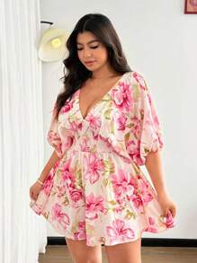 Flirla Fashionable Casual Elegant Vacation Style Spring/Autumn New Sexy V-Neck Pink Rose Floral Belted Wide-Leg Jumpsuit With Lantern Sleeves For Women - Pink - View 7