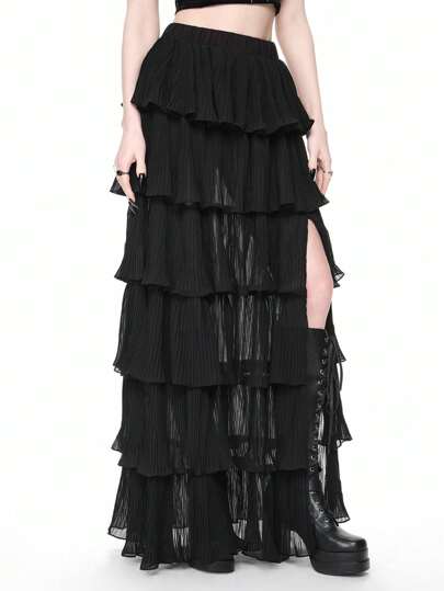 Goth Gonna elegante e vintage da donna, stile gotico, con ruches a più strati e spacco alto