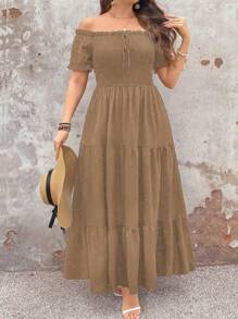 SHEIN Clasi Elegant Commuter Vintage Simple Casual Women's Fashion Versatile Hit Item, Ruffle Edge Bowknot Knit Stretchy Waist Multi-Layer Dress Design Dress, Black, Plus Size - Brown - View 3