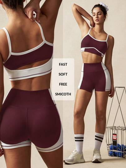 VARSITIE Conjuntos deportivos de mujer de cintura alta con parches en blanco y negro en contraste y diseño hueco