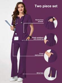 TaskEZ Simple Solid Color V-Neck Short Sleeve Scrub Uniform Set, Suitable For Summer - Purple - View 1