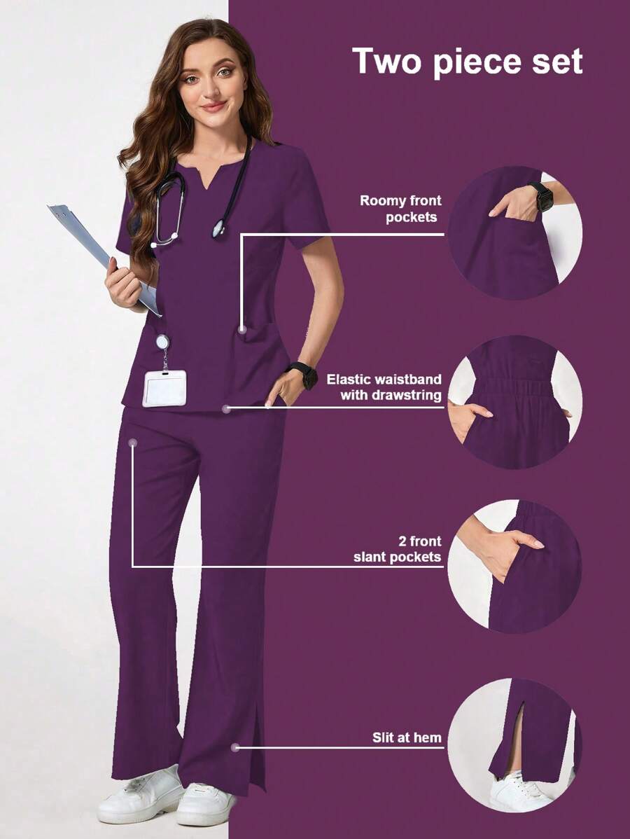 TaskEZ Simple Solid Color V-Neck Short Sleeve Scrub Uniform Set, Suitable For Summer - Purple - View 1