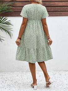 SHEIN Váy hoa giản dị cổ chữ V cho bà bầu đi nghỉ - màu xanh lá - Xem 2