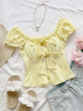 Soleia Yellow Summer Cute Elegant Vacation Holiday Western Beach Wedding Guest Blouse,Spring Break Easter Music Festival Tropical Frill Textured Tie Front