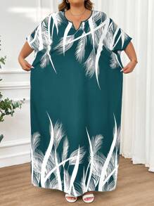 SHEIN CURVE+ Spring And Summer Autumn And Winter Elegant Navy Blue Woven Notched Kaftan Dress Plus Size Dresses - Green - View 5