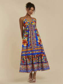 Travachic Women's Floral Print Ruffle Hem Spaghetti Strap Dress, Vacation Style - Blue - View 6