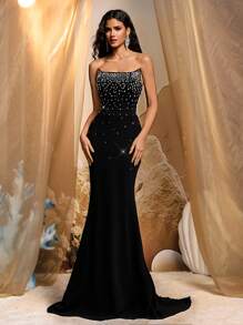 Glamrae Elegant Black Satin Bustier High Waist Fishtail Trailing Evening Gown, Formal, Party Dress, For Wedding Guest - Black - View 5