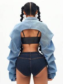 Jeanoix 女士性感拉链前短款牛仔夹克，适合嘻哈派对 - 淺色水洗藍 - 查看 2