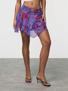 SHEIN Unity Falda asimétrica con volantes de tul estampada - Multicolor - Ver 1