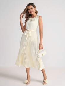 Ellevyn Abito elegante da donna in satin liscio plissettato in vita, linea ad A, adatto a varie occasioni, abbigliamento da donna per vacanze