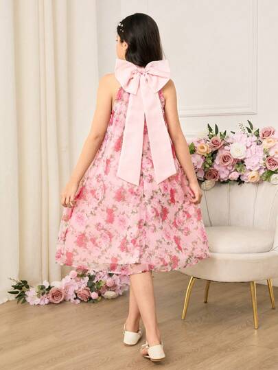 Tween 女童优雅花卉图案粉色蝴蝶结装饰连衣裙，夏季