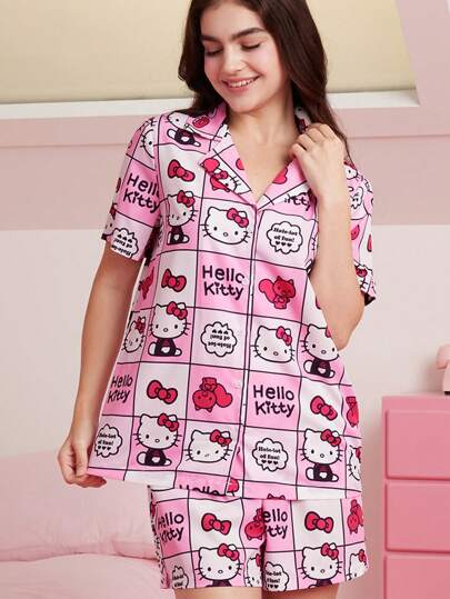 HELLO KITTY AND FRIENDS | SHEIN 女士粉色、格子图案、猫咪图案、蝴蝶结图案、卡通可爱 Y2K、甜美休闲、短袖短裤睡衣套装，适合日常、居家、夏季