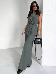 Firerie Women Elegant Simple Casual Commute Daily Vacation Lapel Waistbelt Sleeveless Loose Blazer Shirt And High Waist Wide Leg Khaki Pants 2 Pieces Set In Fall/Winter - Grey - View 4