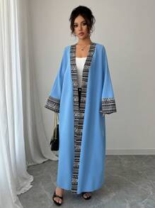 Al Najma Women's Patchwork Print Long Sleeve Loose Fit Arabic Abaya, Modest Robe - Blue - View 4