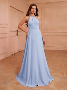 Aureia 成人露背、低背、腰部收褶、A 字廓形、不对称荷叶边背部设计伴娘礼服 - 淺藍色 - 查看 3