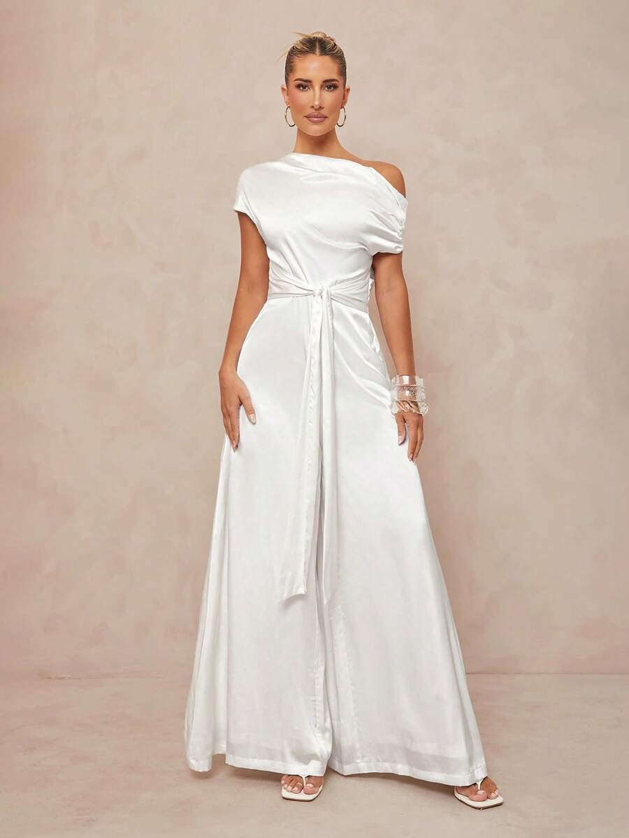 Lumalex Outing Summer Swimsuit Swimwear Swim Vacation Easter Bohemian BOHO Sea Beach Hot Outdoor Richly Layered Wedding Season Banquet Coming Of Age Ceremony Beach Seaside Asymmetric Off Shoulder Cinched Waist Extra Loose Women Jumpsuit - White - View 1