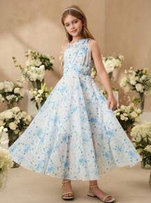 SHEIN Tween Girl Rochie elegantă fără mâneci cu talie înaltă, țesătură din șifon cu imprimeu trandafir albastru, potrivită pentru fetița de nuntă, vară