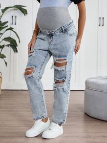 SHEIN Maternity Knitted Belly Support Grey & Blue Distressed Denim Fitted Ripped Jeans ,Beach Outfits For Maternity, Mother Day/Mom/Mother/ Mommy/Mother's Day/Mama/Mum/Mother's Day Gift - Blue - View 1
