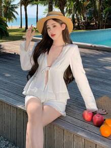 DAZY 2pcs Vacation Style Women Lace Patchwork Cardigan & Shorts Set,Fall Women Clothes