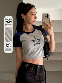 DAZY 星星印花插肩袖短款 T 恤 Y2k，图案 T 恤 - 灰色 - 查看 1