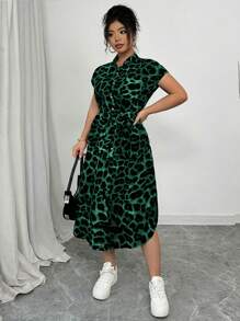 Elenzga 大码女式优雅豹纹衬衫领蝙蝠袖系带蝴蝶结前扣休闲俱乐部连衣裙，百搭时尚设计，春夏 - 彩色 - 查看 6