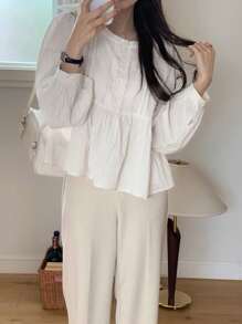 DAZY Women's Contrast Lace Long Sleeve White Ruffle Collar Blouse Shirt, Spring/Autumn - White - View 6