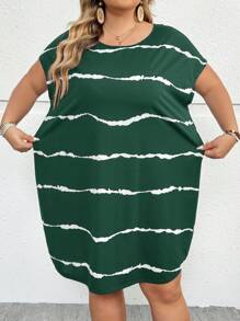 SHEIN CURVE+ 大码女式休闲黑白条纹紧身连衣裙，侧开衩，基本款 T 恤连衣裙，条纹连衣裙，春夏 - 綠色 - 查看 4