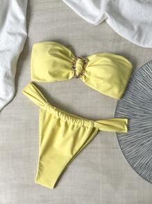 Swim Mod Spring Break Women's Solid Color Metal Decor Bandeau Bikini Top And Thong Bottoms Sexy Swimsuit Set For Summer - Yellow - View 1