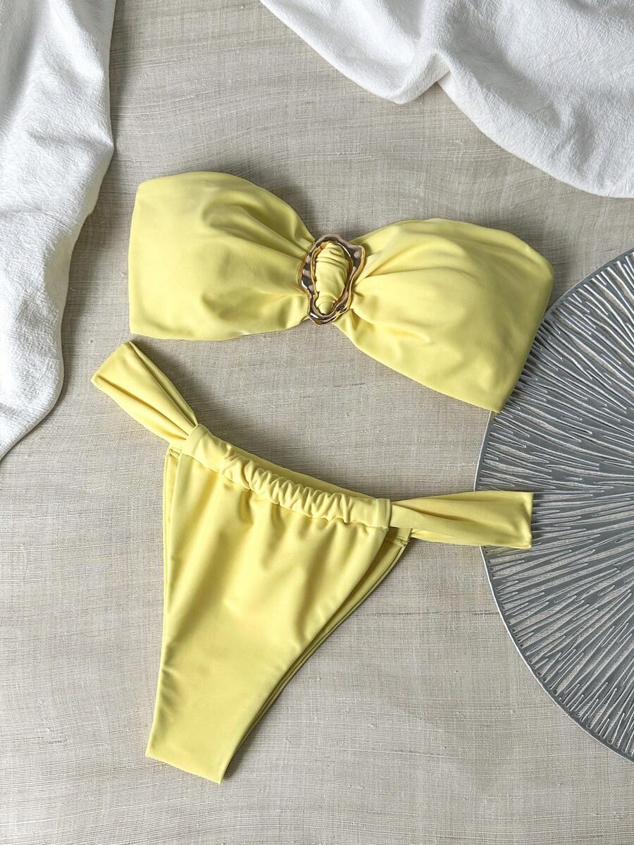 Swim Mod Spring Break Women's Solid Color Metal Decor Bandeau Bikini Top And Thong Bottoms Sexy Swimsuit Set For Summer - Yellow - View 1