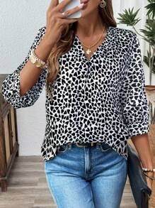 SHEIN LUNE Black & Apricot Heart Print Mid-Sleeve Women's Blouse - White - View 1
