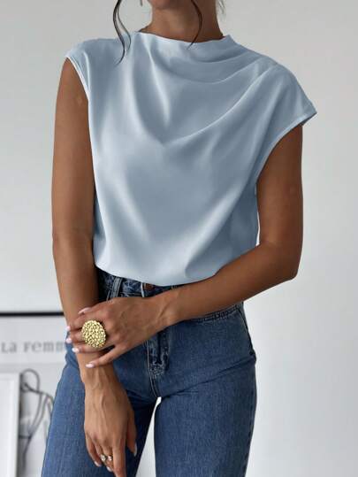 Firerie Women's Elegant Simple Commute Office White Stand Collar Asymmetric Shoulder Pleated Fitted Blouse Blue