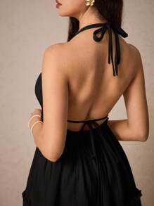 Poéselle Women's Summer Solid Color Simple Daily Dress Chest Smocking Double Shoulder Straps Backless Sundress Ruffle Dress Halter Dress Boho Women Clothing Beach Women Dresses Sexy Dresses Pastel Dress Curve Dress