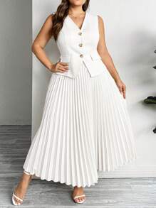 SHEIN Privé Conjunto de traje de blazer sin mangas minimalista de moda + falda larga plisada, conjunto de traje talla grande