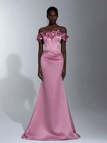 Glamrae Đầm suông trễ vai hoa sen hồng thanh lịch tuyệt đẹp lãng mạn thanh lịch satin hở vai 3D hoa ba chiều đuôi cá dây đeo có thể điều chỉnh hẹn hò kỳ nghỉ độc thân sinh nhật người lớn lễ tiệc khiêu vũ tốt nghiệp mùa về quê đám cưới sự kiện phù hợp đầm dạ hội bền chắc, trang trọng, váy dài, cho buổi tối, khách dự tiệc cưới - Bụi hồng - Xem 1